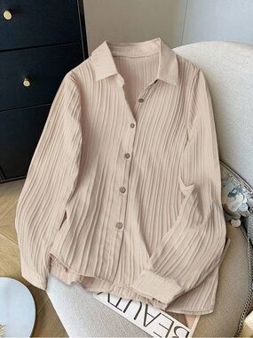 Pleated Button-Front Shirt - Beige